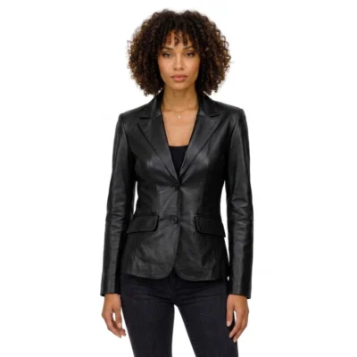 Womens Two Buttoned Leather Blazer Black